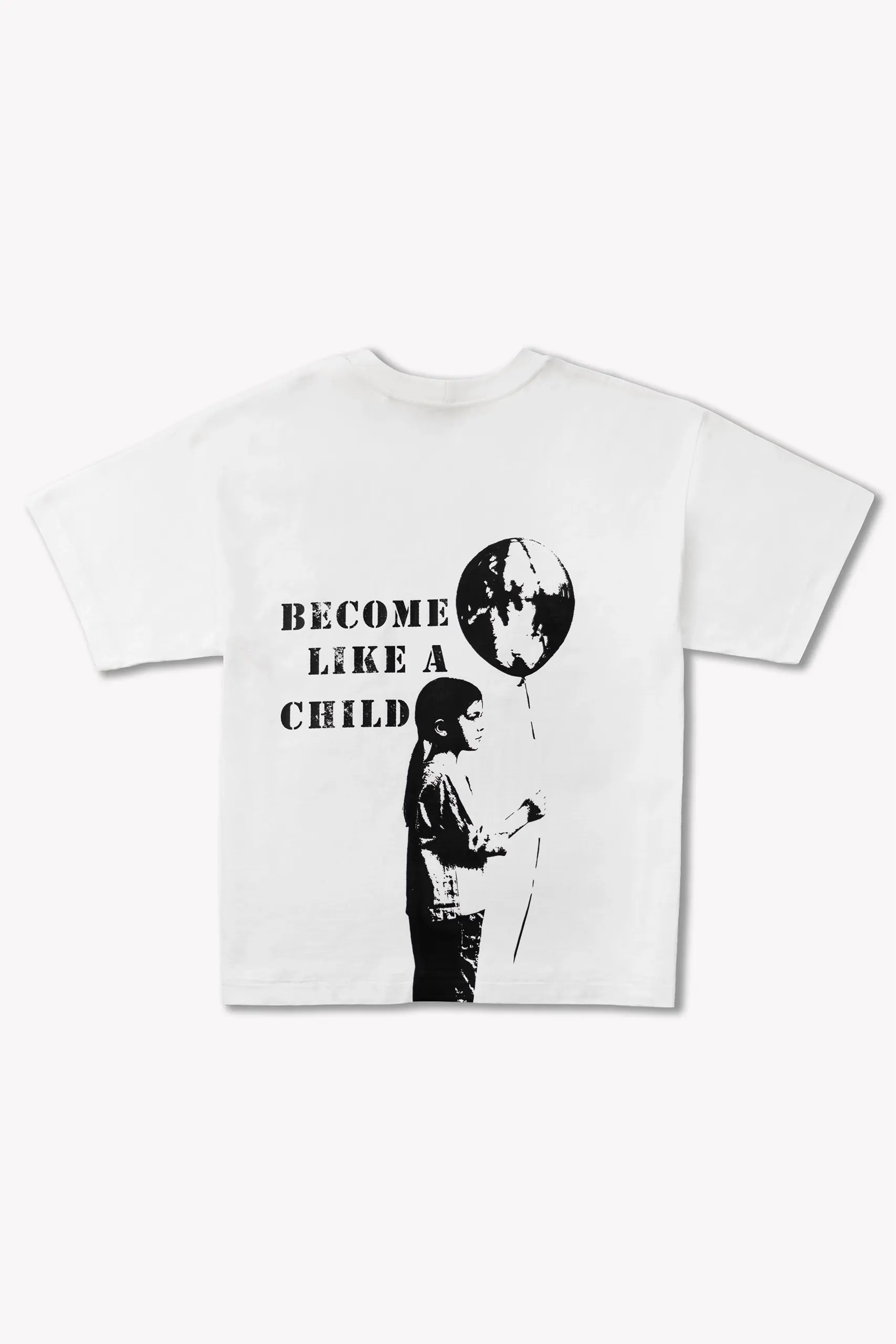 biały t-shirt oversize z napisem "Become like a child", widok na plecy, WEAR THE WAY