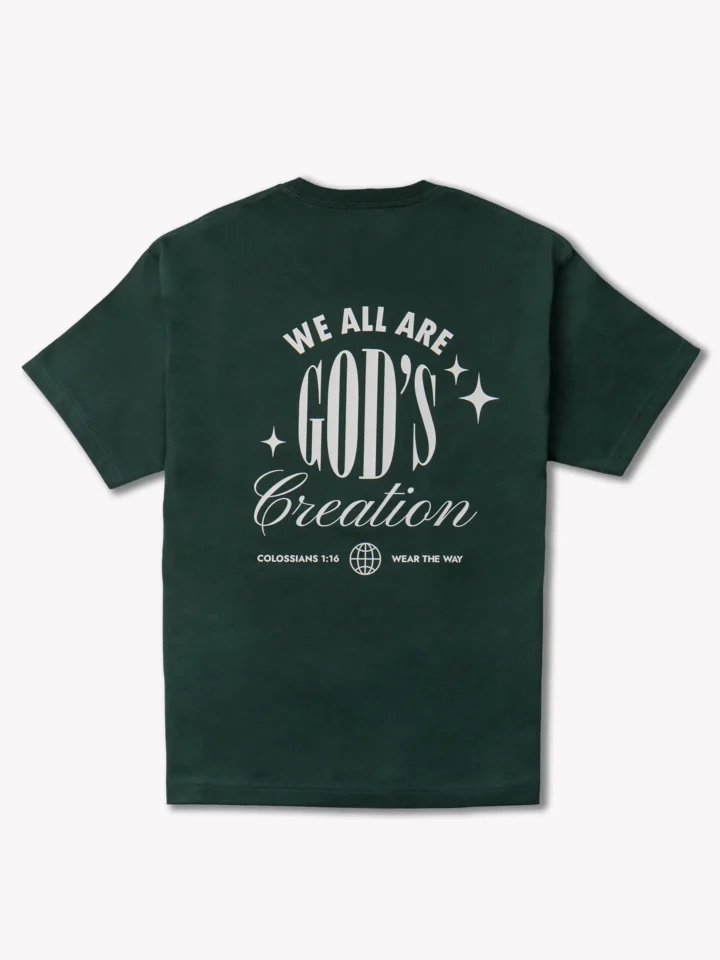 ciemnozielony t-shirt relaxed fit z napisem "We all are God's Creation", widok z tyłu, WEAR THE WAY