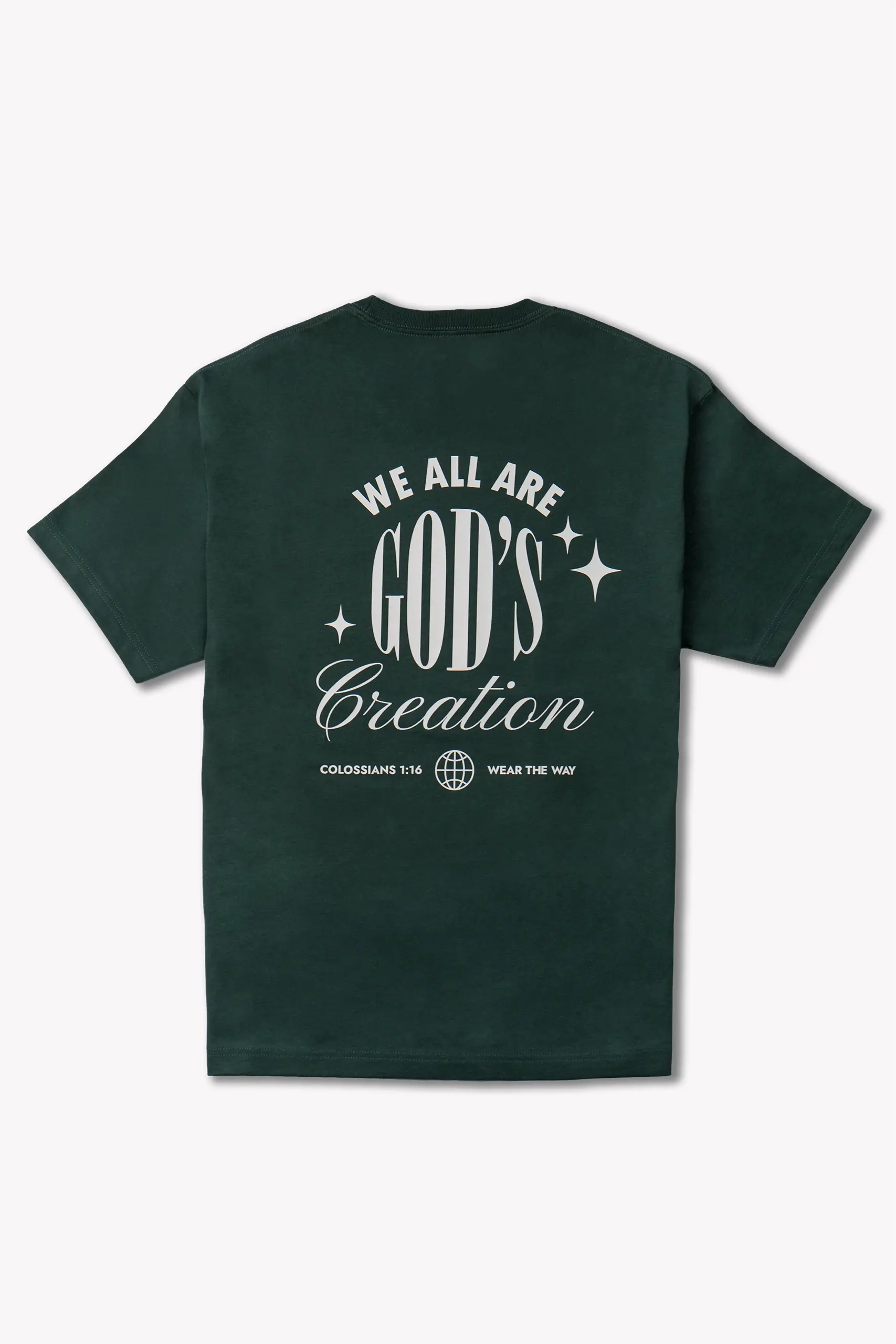 ciemnozielony t-shirt relaxed fit z napisem "We all are God's Creation", widok z tyłu, WEAR THE WAY