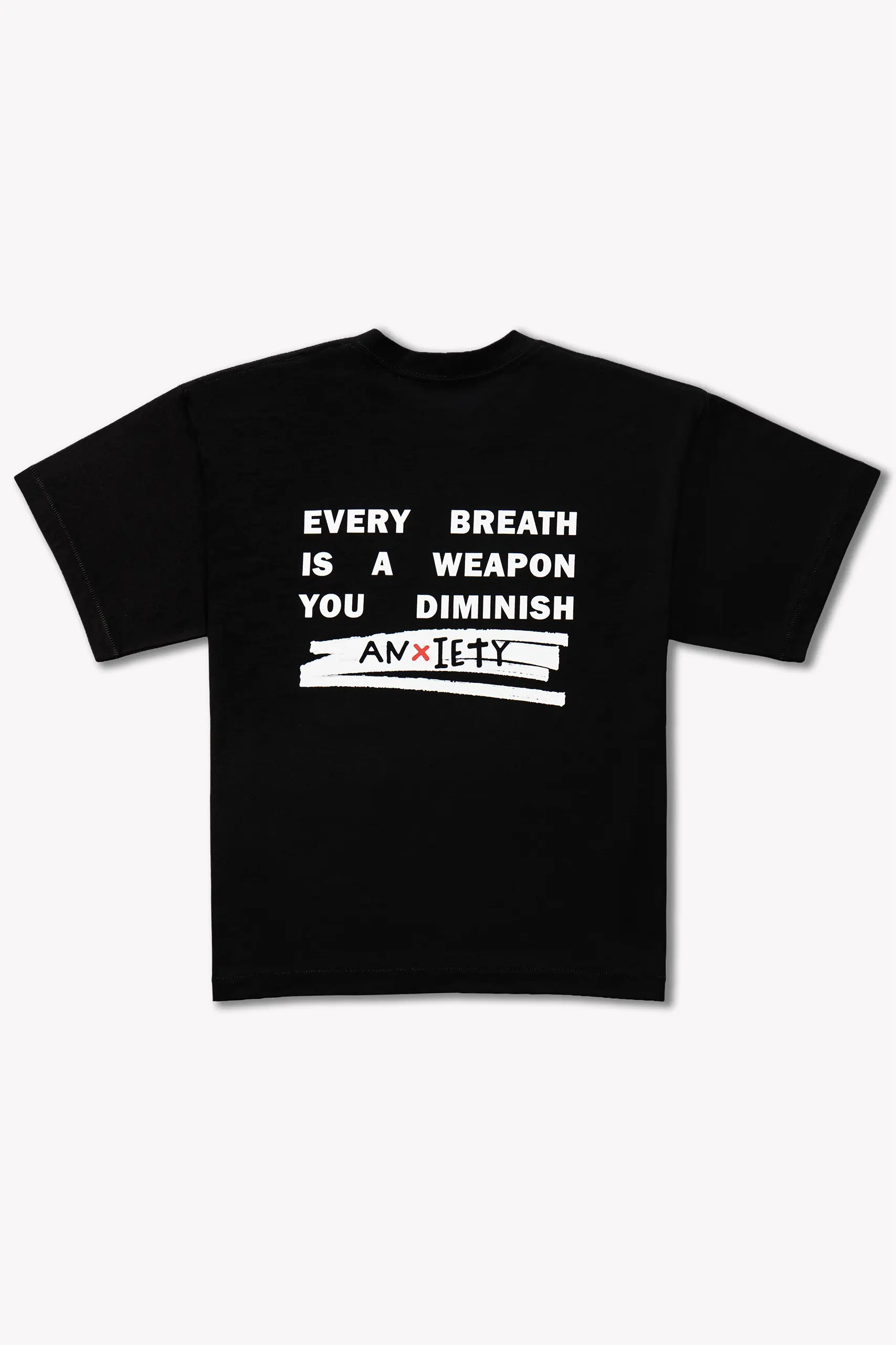 czarny t-shirt oversize z napisem "Every breath is a weapon you diminish / anxiety" na plecach, WEAR THE WAY